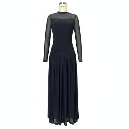 Women's Black See-Through Mesh Long Sleeve Maxi Dress – Elegant Sheer Overlay Gown