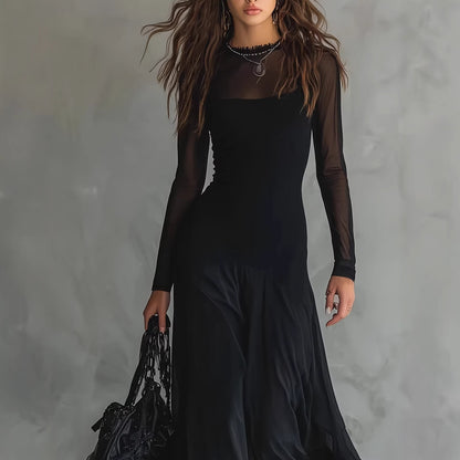 Women's Black See-Through Mesh Long Sleeve Maxi Dress – Elegant Sheer Overlay Gown